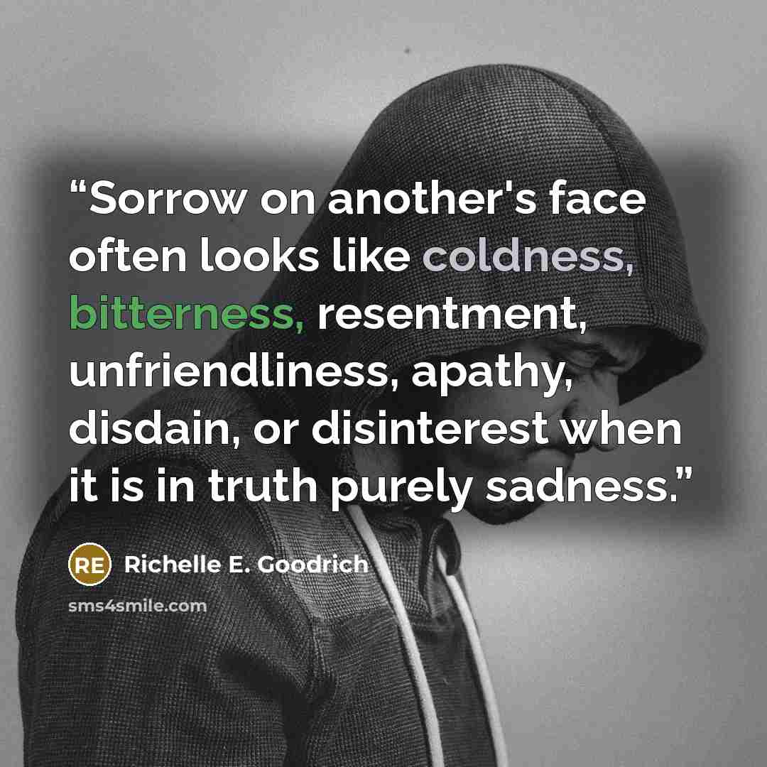 “Sorrow on another's face often looks like coldness, bitterness, resentment, unfriendliness, apathy, disdain, or disinterest when it is in truth purely sadness.” quote by Richelle E. Goodrich