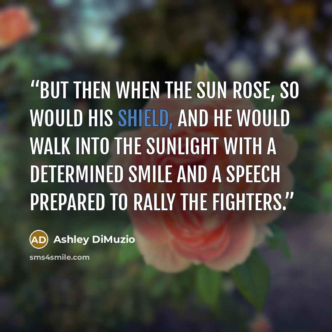 “But then when the sun rose, so would his shield, and he would walk into the sunlight with a determined smile and a speech prepared to rally the fighters.” quote by Ashley DiMuzio