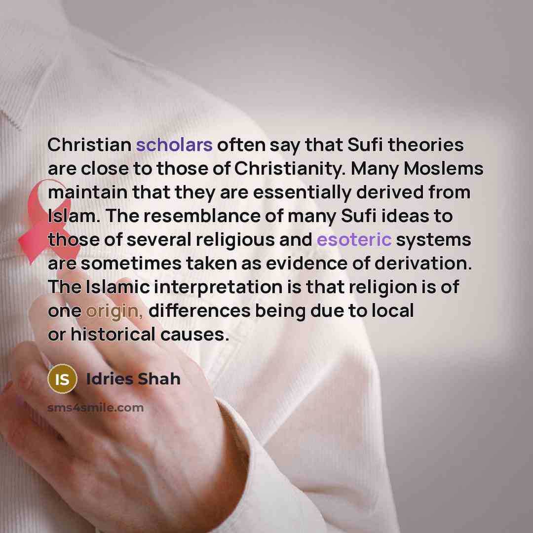 “Christian scholars often say that Sufi theories are close to those of Christianity. Many Moslems maintain that they are essentially derived from Islam. The resemblance of many Sufi ideas to those of several religious and esoteric systems are sometimes taken as evidence of derivation. The Islamic…” quote by Idries Shah