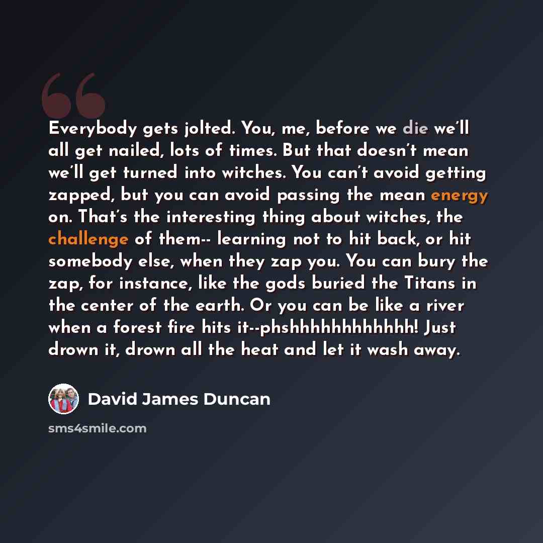 “Everybody gets jolted. You, me, before we die we’ll all get nailed, lots of times. But that doesn’t mean we’ll get turned into witches. You can’t avoid getting zapped, but you can avoid passing the mean energy on. That’s the interesting thing about witches, the challenge of them-- learning not to…” quote by David James Duncan