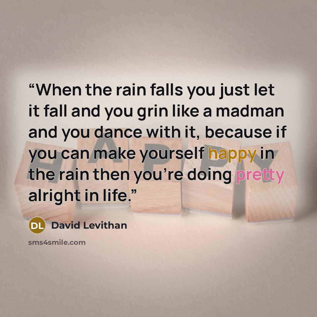 “When the rain falls you just let it fall and you grin like a madman and you dance with it, because if you can make yourself happy in the rain then you're doing pretty alright in life.” quote by David Levithan