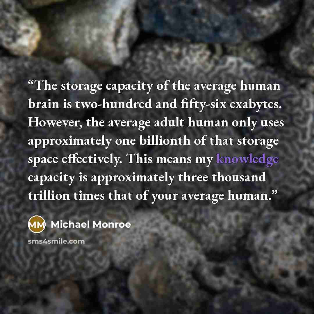 “The storage capacity of the average human brain is two-hundred and fifty-six exabytes. However, the average adult human only uses approximately one billionth of that storage space effectively. This means my knowledge capacity is approximately three thousand trillion times that of your average human.” quote by Michael Monroe