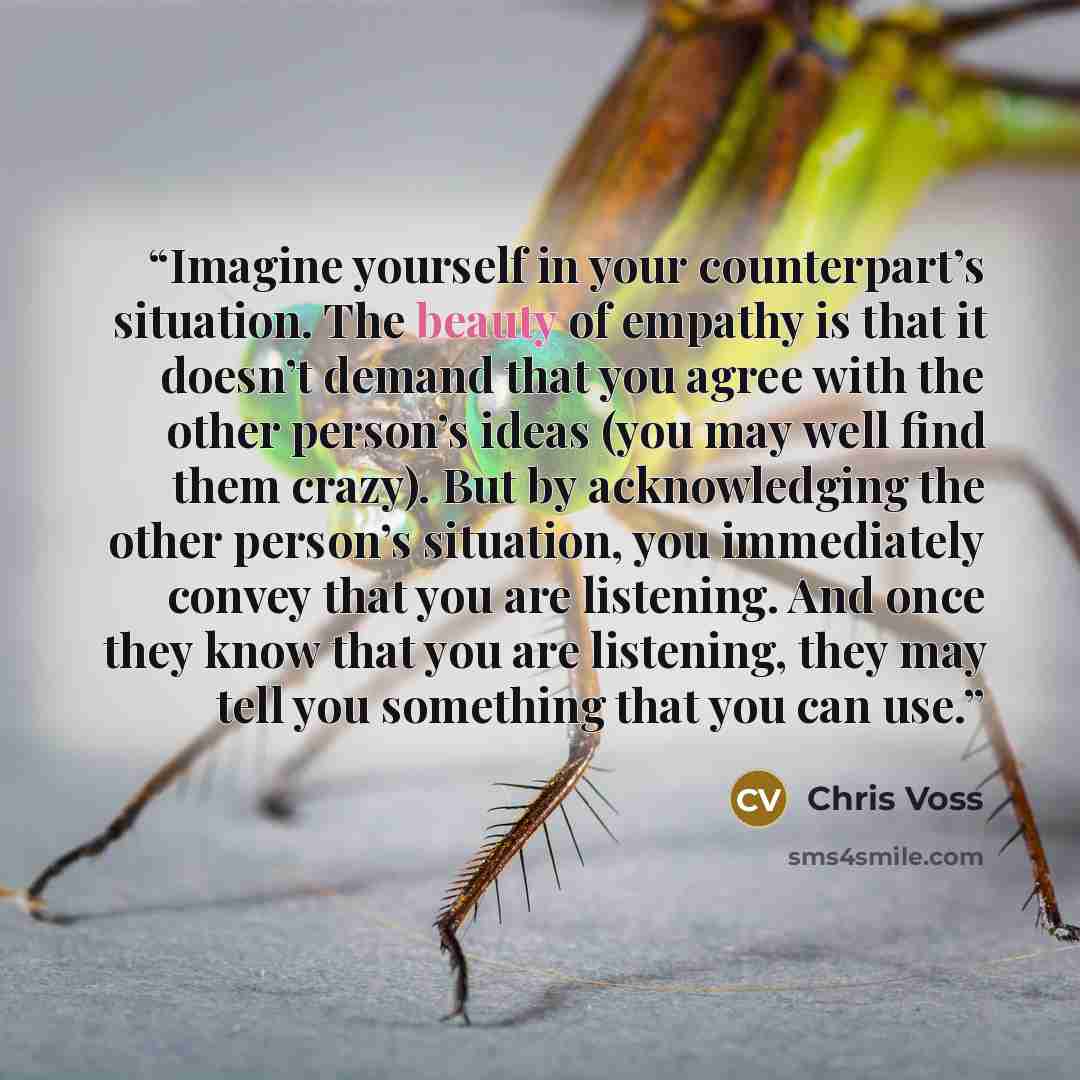 “Imagine yourself in your counterpart’s situation. The beauty of empathy is that it doesn’t demand that you agree with the other person’s ideas (you may well find them crazy). But by acknowledging the other person’s situation, you immediately convey that you are listening. And once they know that…” quote by Chris Voss
