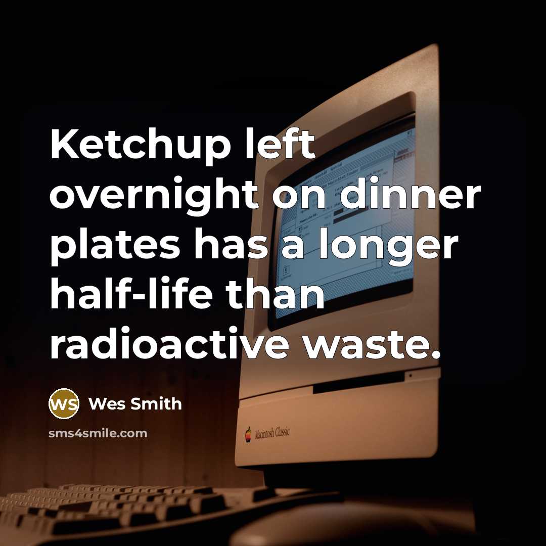 “Ketchup left overnight on dinner plates has a longer half-life than radioactive waste.” quote by Wes Smith