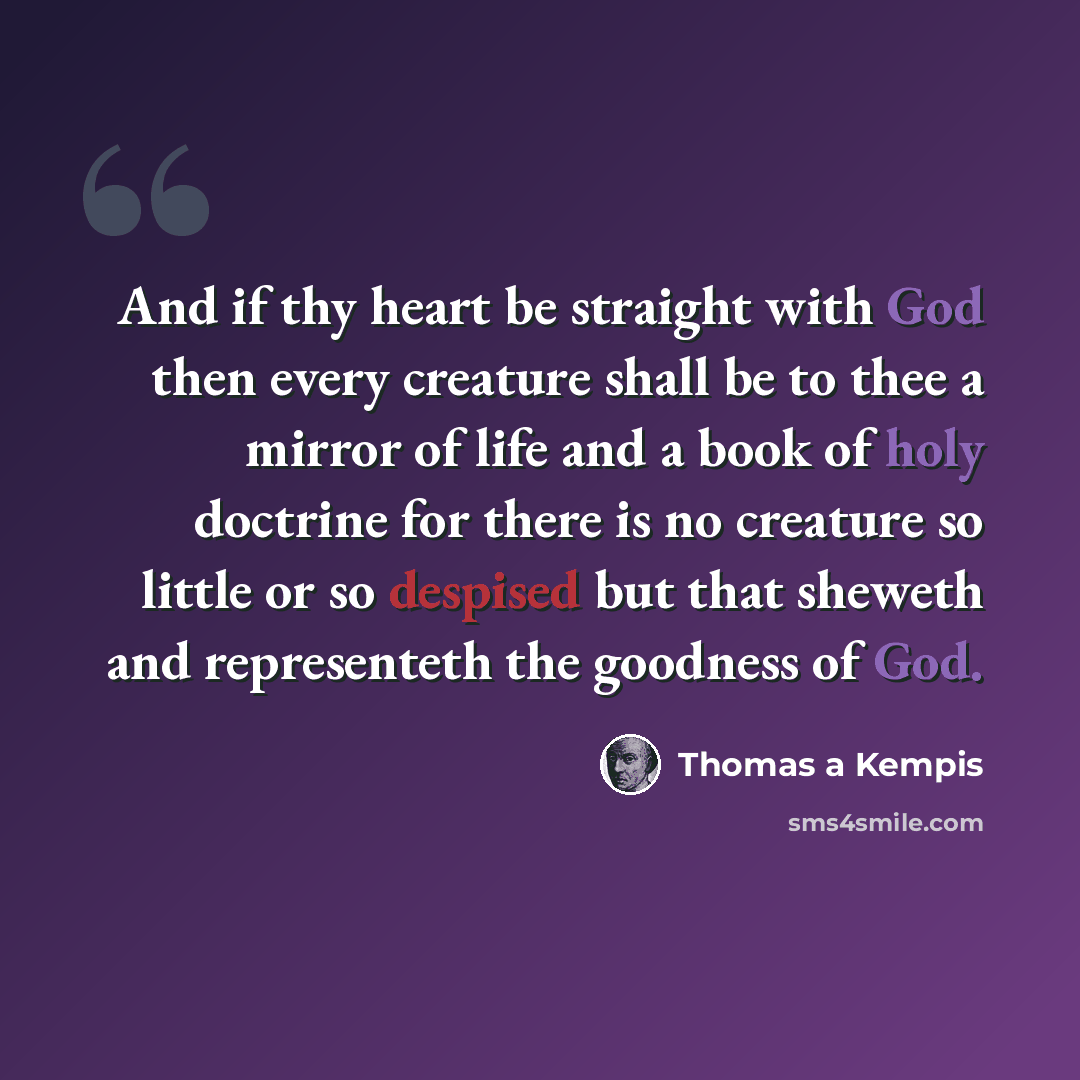 “And if thy heart be straight with God then every creature shall be to thee a mirror of life and a book of holy doctrine for there is no creature so little or so despised but that sheweth and representeth the goodness of God.” quote by Thomas a Kempis