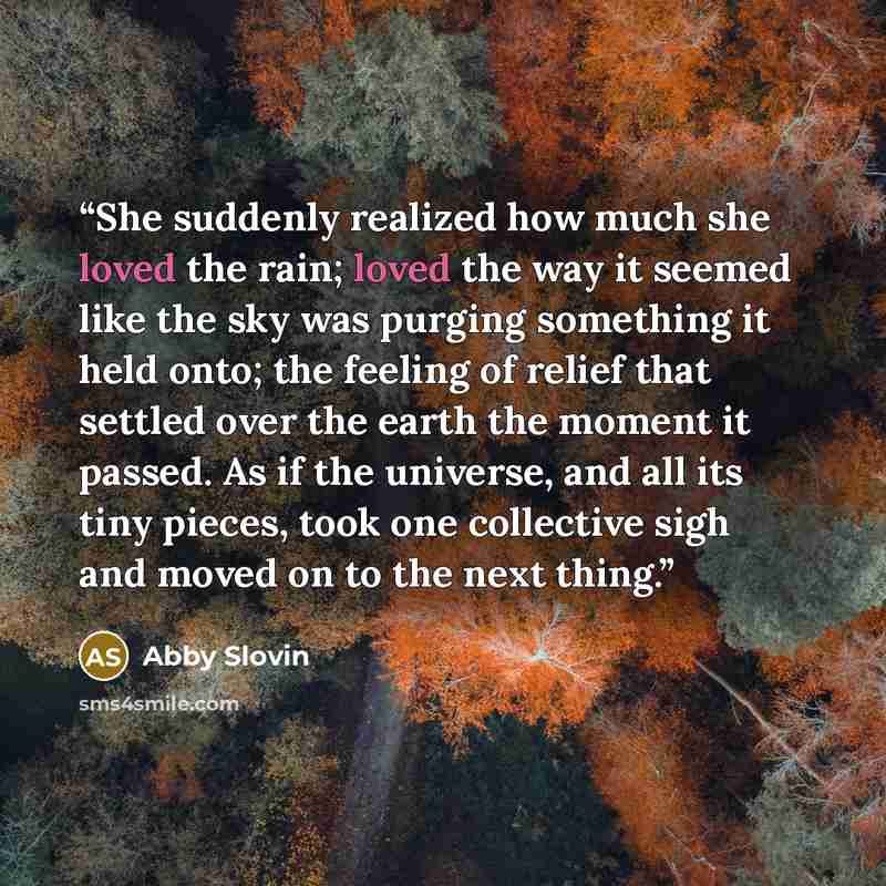 “She suddenly realized how much she loved the rain; loved the way it seemed like the sky was purging something it held onto; the feeling of relief that settled over the earth the moment it passed. As if the universe, and all its tiny pieces, took one collective sigh and moved on to the next thing.” quote by Abby Slovin