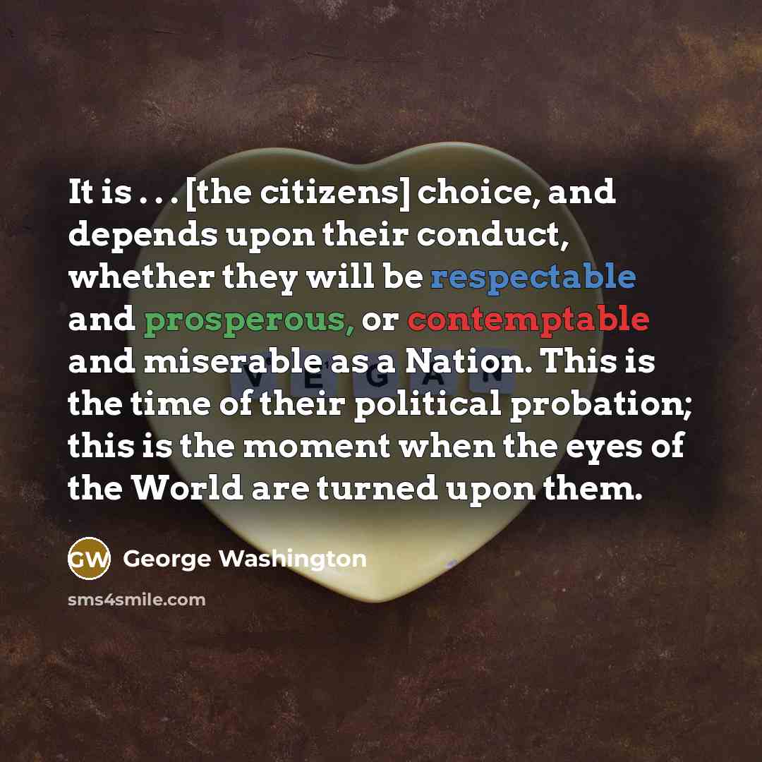 “It is . . . [the citizens] choice, and depends upon their conduct, whether they will be respectable and prosperous, or contemptable and miserable as a Nation. This is the time of their political probation; this is the moment when the eyes of the World are turned upon them.” quote by George Washington
