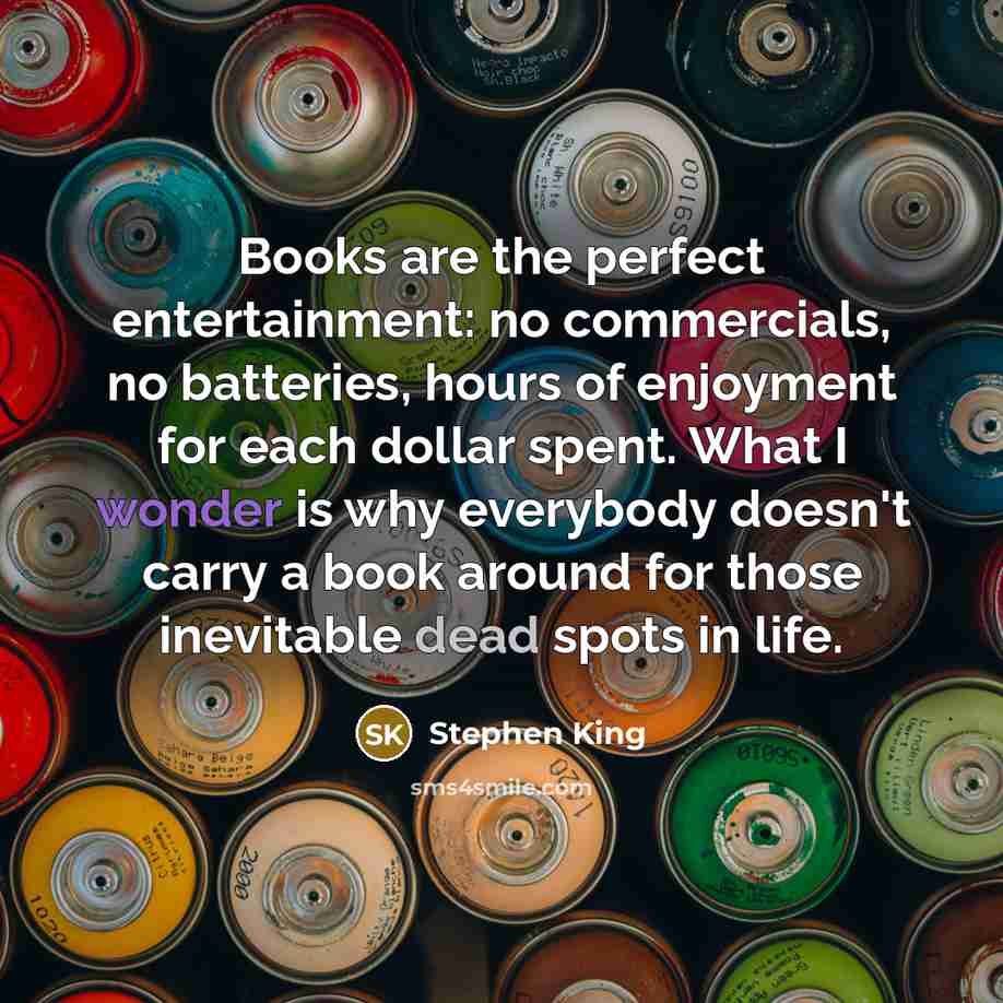 “Books are the perfect entertainment: no commercials, no batteries, hours of enjoyment for each dollar spent. What I wonder is why everybody doesn't carry a book around for those inevitable dead spots in life.” quote by Stephen King
