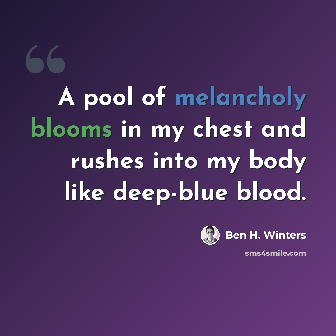 “A pool of melancholy blooms in my chest and rushes into my body like deep-blue blood.” quote by Ben H. Winters