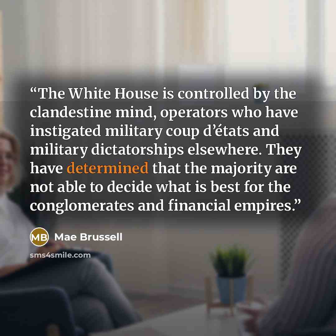“The White House is controlled by the clandestine mind, operators who have instigated military coup d’états and military dictatorships elsewhere. They have determined that the majority are not able to decide what is best for the conglomerates and financial empires.” quote by Mae Brussell