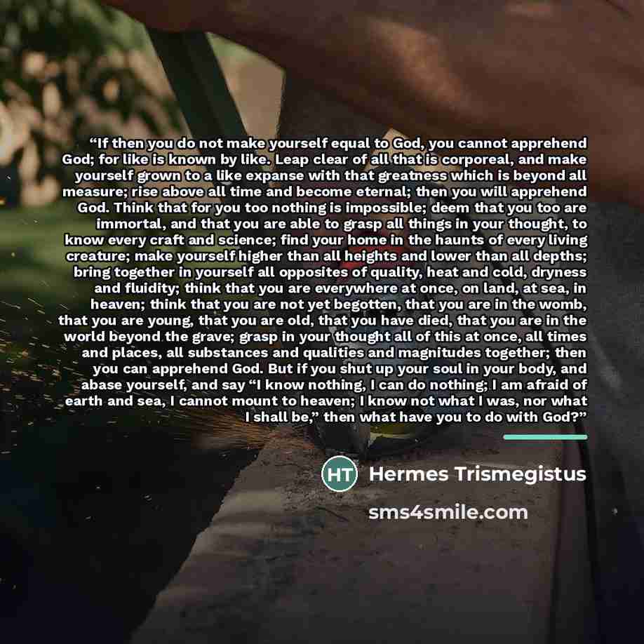 “If then you do not make yourself equal to God, you cannot apprehend God; for like is known by like. Leap clear of all that is corporeal, and make yourself grown to a like expanse with that greatness which is beyond all measure; rise above all time and become eternal; then you will apprehend God…” quote by Hermes Trismegistus