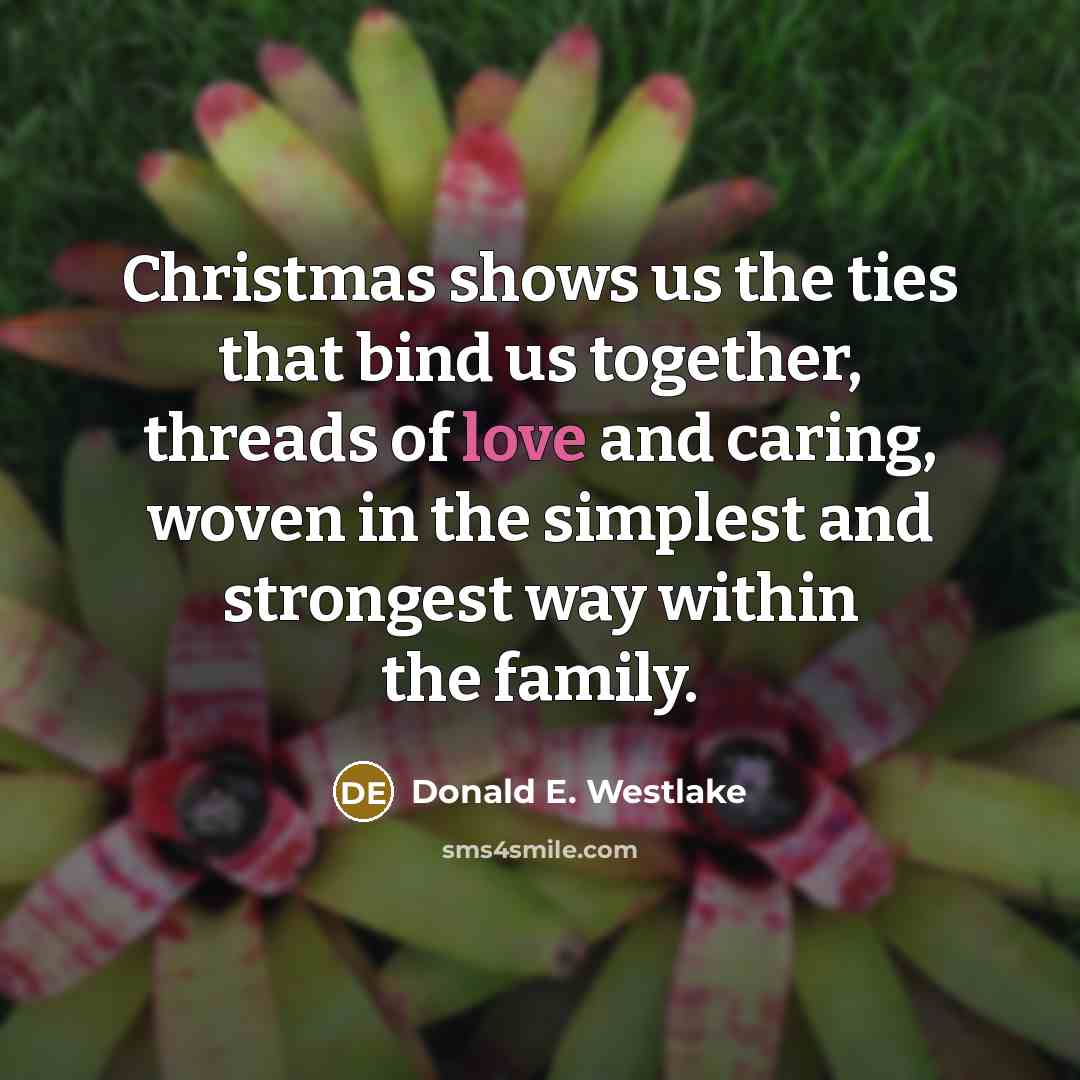 “Christmas shows us the ties that bind us together, threads of love and caring, woven in the simplest and strongest way within the family.” quote by Donald E. Westlake