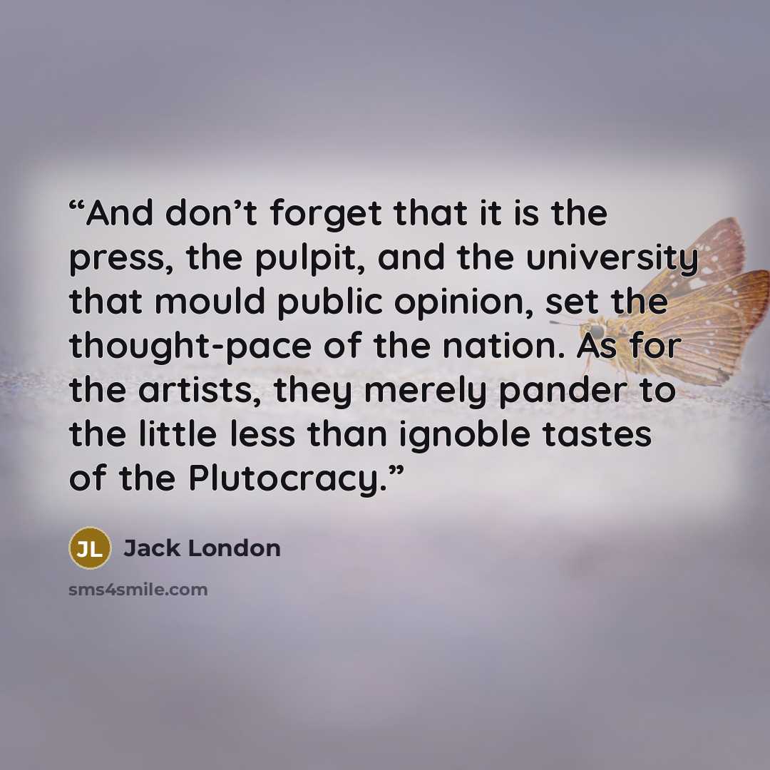 “And don’t forget that it is the press, the pulpit, and the university that mould public opinion, set the thought-pace of the nation. As for the artists, they merely pander to the little less than ignoble tastes of the Plutocracy.” quote by Jack London