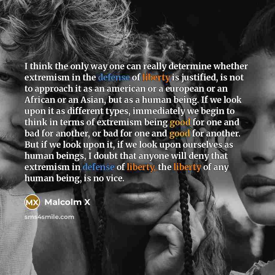 “I think the only way one can really determine whether extremism in the defense of liberty is justified, is not to approach it as an american or a european or an African or an Asian, but as a human being. If we look upon it as different types, immediately we begin to think in terms of extremism…” quote by Malcolm X