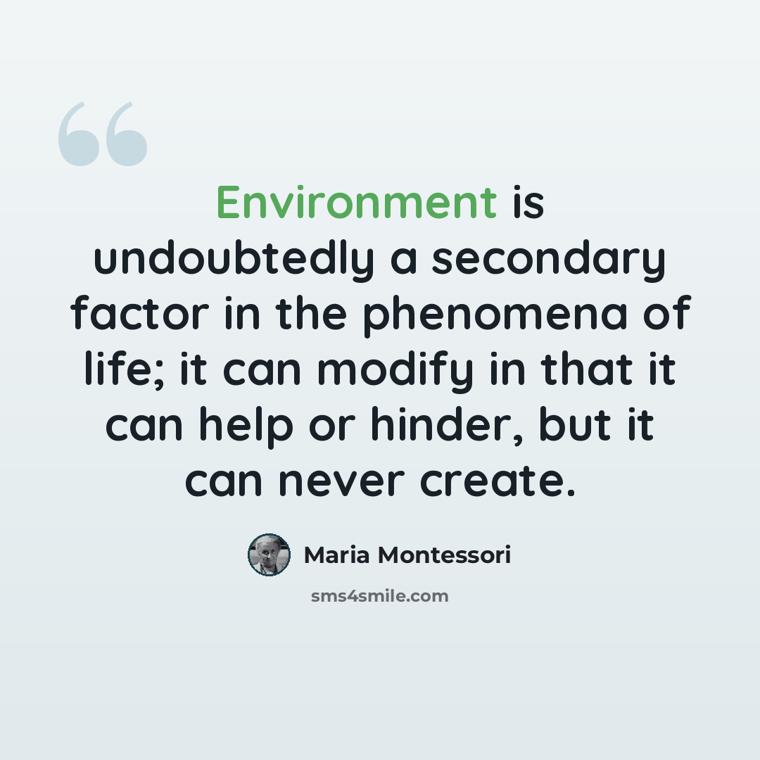 “Environment is undoubtedly a secondary factor in the phenomena of life; it can modify in that it can help or hinder, but it can never create.” quote by Maria Montessori