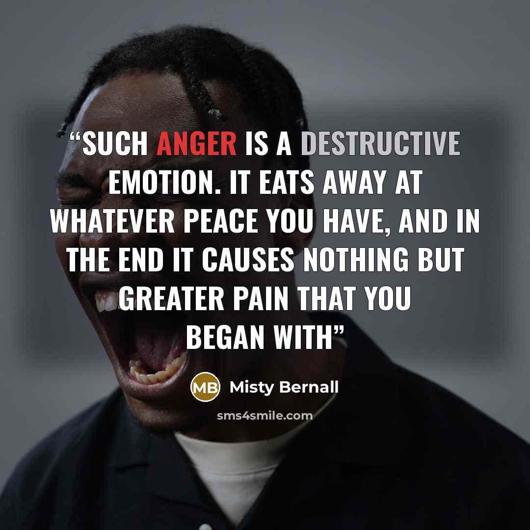 “Such anger is a destructive emotion. It eats away at whatever peace you have, and in the end it causes nothing but greater pain that you began with” quote by Misty Bernall