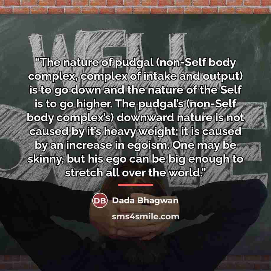 “The nature of pudgal (non-Self body complex, complex of intake and output) is to go down and the nature of the Self is to go higher. The pudgal’s (non-Self body complex’s) downward nature is not caused by it’s heavy weight; it is caused by an increase in egoism. One may be skinny, but his ego can…” quote by Dada Bhagwan