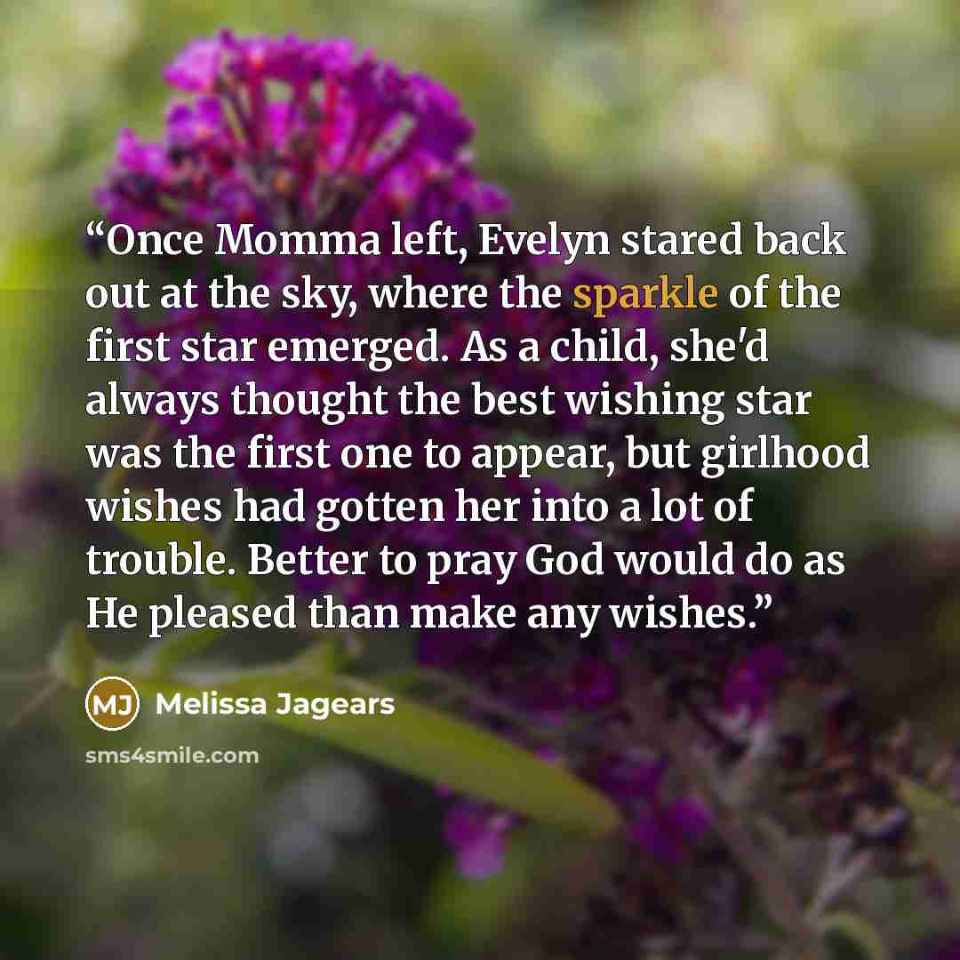 “Once Momma left, Evelyn stared back out at the sky, where the sparkle of the first star emerged. As a child, she'd always thought the best wishing star was the first one to appear, but girlhood wishes had gotten her into a lot of trouble. Better to pray God would do as He pleased than make any…” quote by Melissa Jagears