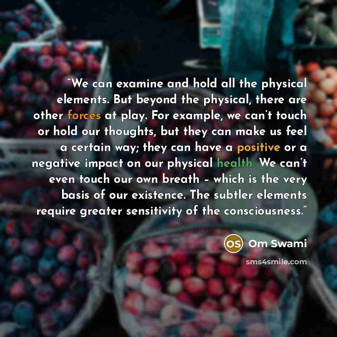 “We can examine and hold all the physical elements. But beyond the physical, there are other forces at play. For example, we can’t touch or hold our thoughts, but they can make us feel a certain way; they can have a positive or a negative impact on our physical health. We can’t even touch our own…” quote by Om Swami