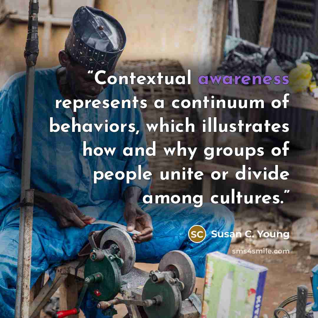 “Contextual awareness represents a continuum of behaviors, which illustrates how and why groups of people unite or divide among cultures.” quote by Susan C. Young