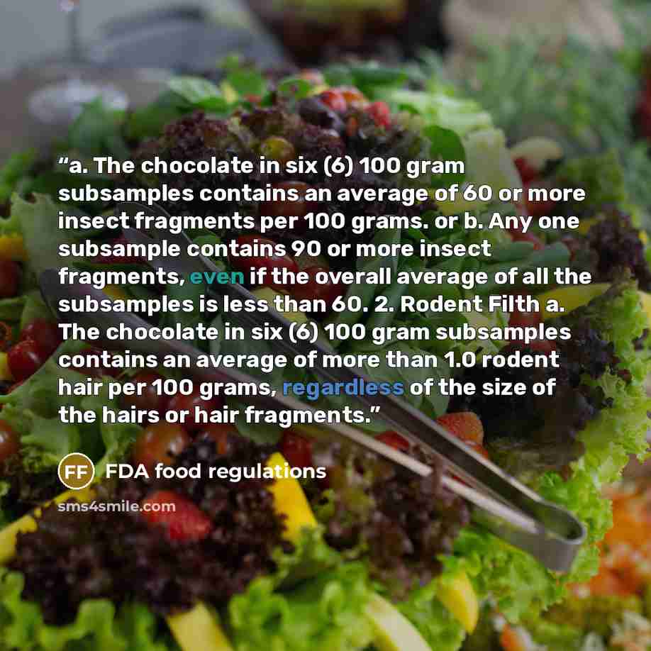 “a. The chocolate in six (6) 100 gram subsamples contains an average of 60 or more insect fragments per 100 grams. or b. Any one subsample contains 90 or more insect fragments, even if the overall average of all the subsamples is less than 60. 2. Rodent Filth a. The chocolate in six (6) 100 gram…” quote by FDA food regulations