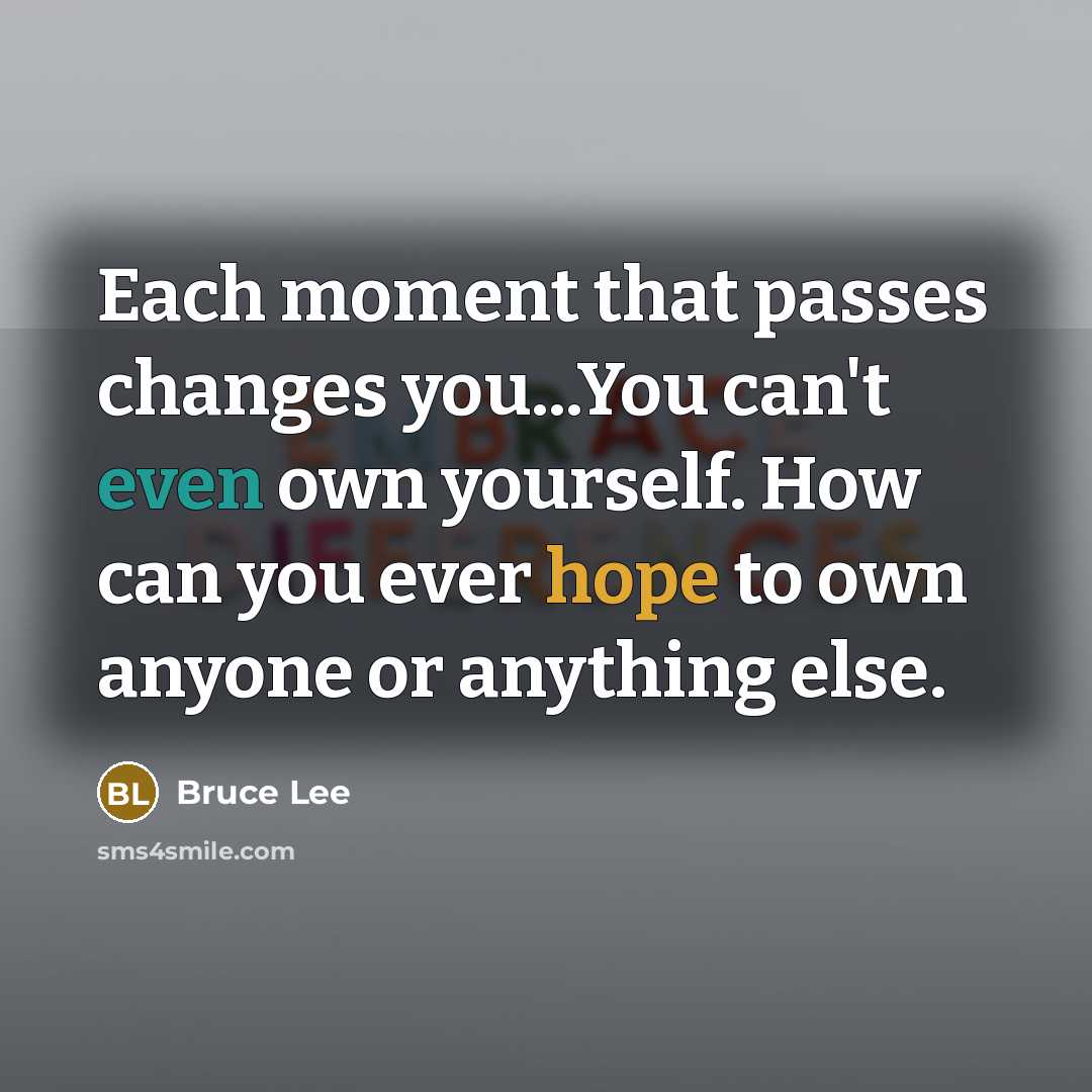 “Each moment that passes changes you...You can't even own yourself. How can you ever hope to own anyone or anything else.” quote by Bruce Lee