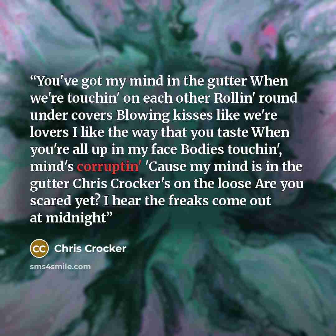 “You've got my mind in the gutter When we're touchin' on each other Rollin' round under covers Blowing kisses like we're lovers I like the way that you taste When you're all up in my face Bodies touchin', mind's corruptin' 'Cause my mind is in the gutter Chris Crocker's on the loose Are you scared…” quote by Chris Crocker