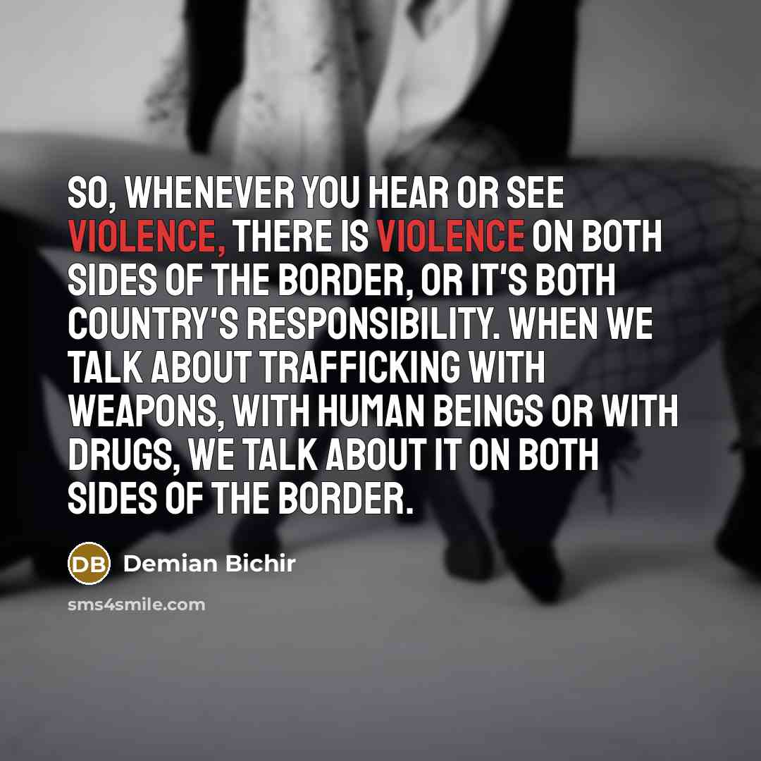 “So, whenever you hear or see violence, there is violence on both sides of the border, or it's both country's responsibility. When we talk about trafficking with weapons, with human beings or with drugs, we talk about it on both sides of the border.” quote by Demian Bichir