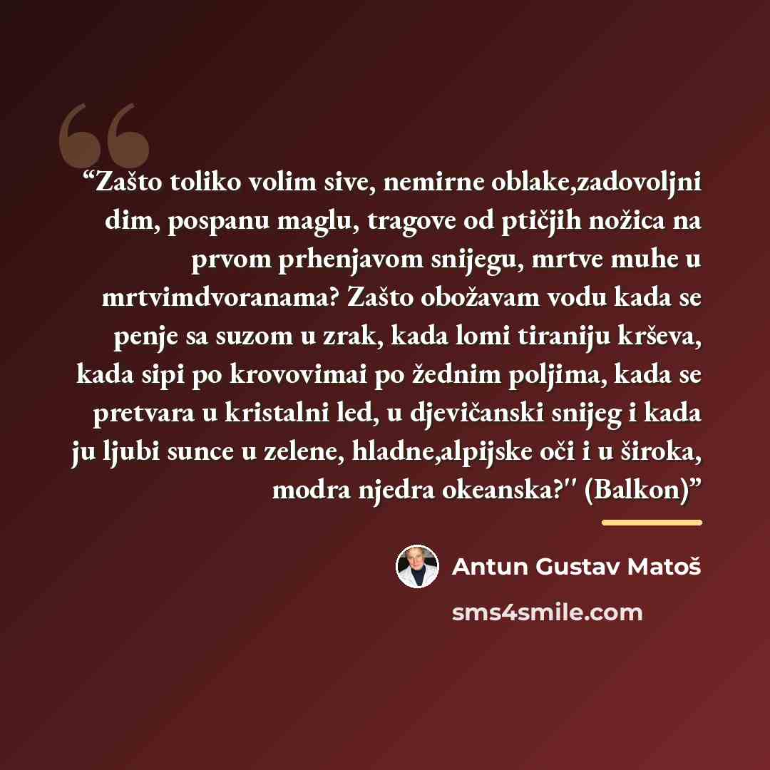 “Zašto toliko volim sive, nemirne oblake,zadovoljni dim, pospanu maglu, tragove od ptičjih nožica na prvom prhenjavom snijegu, mrtve muhe u mrtvimdvoranama? Zašto obožavam vodu kada se penje sa suzom u zrak, kada lomi tiraniju krševa, kada sipi po krovovimai po žednim poljima, kada se pretvara u…” quote by Antun Gustav Matoš