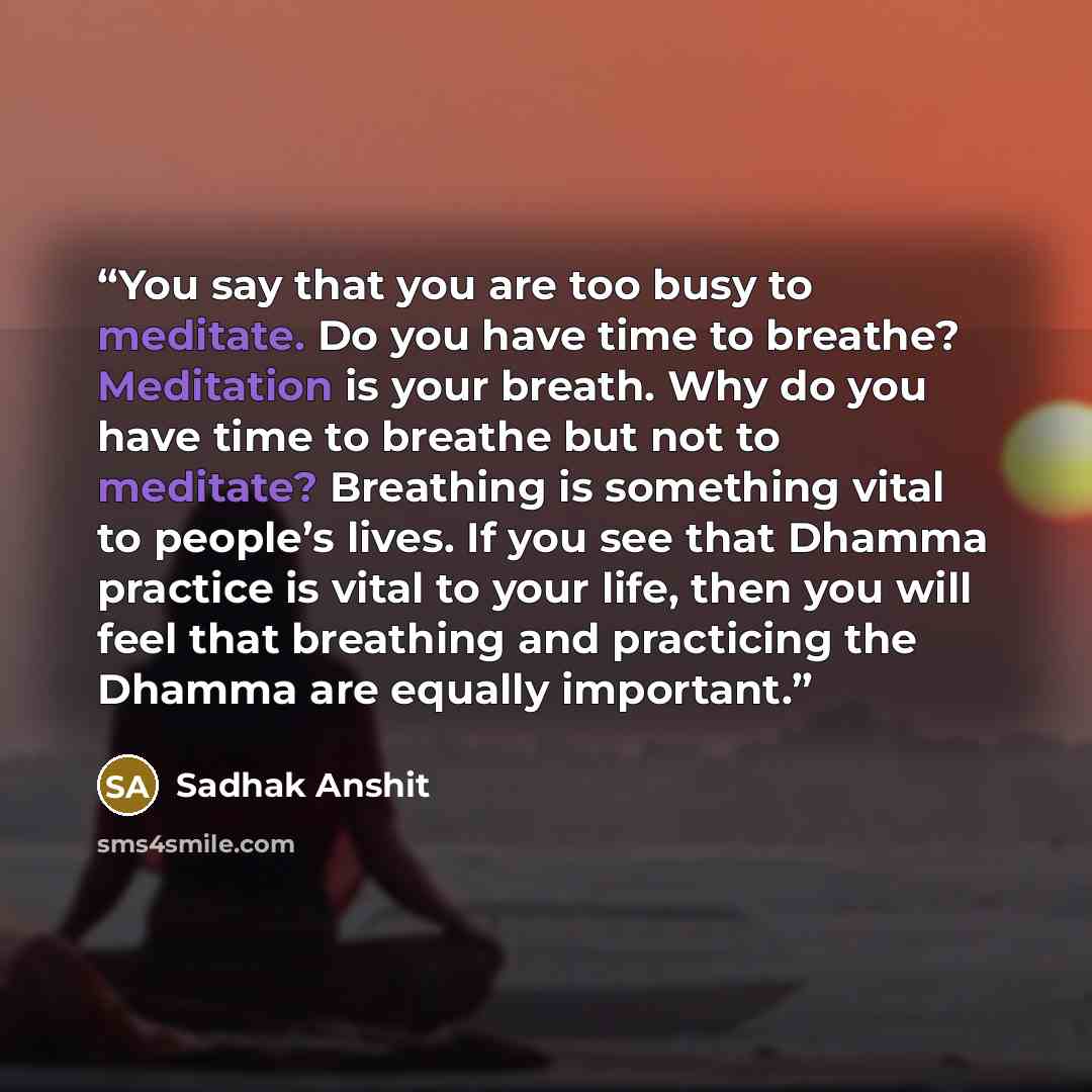 “You say that you are too busy to meditate. Do you have time to breathe? Meditation is your breath. Why do you have time to breathe but not to meditate? Breathing is something vital to people’s lives. If you see that Dhamma practice is vital to your life, then you will feel that breathing and…” quote by Sadhak Anshit