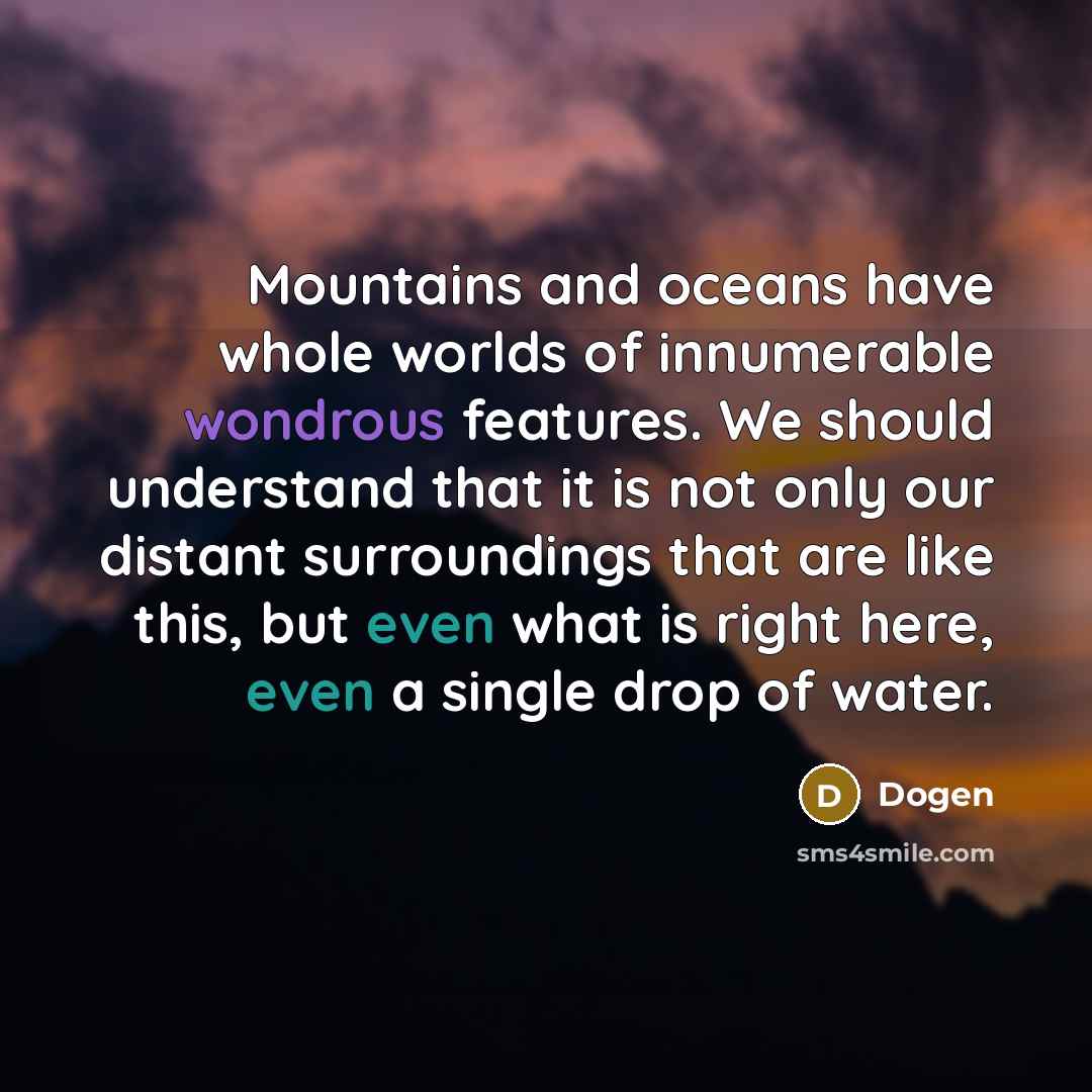 “Mountains and oceans have whole worlds of innumerable wondrous features. We should understand that it is not only our distant surroundings that are like this, but even what is right here, even a single drop of water.” quote by Dogen