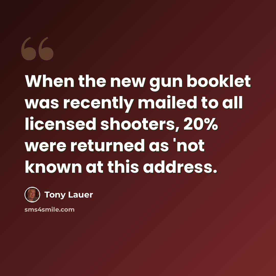 “When the new gun booklet was recently mailed to all licensed shooters, 20% were returned as 'not known at this address.” quote by Tony Lauer
