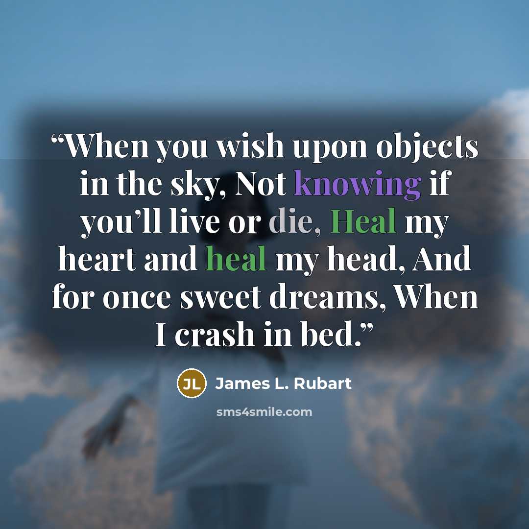 “When you wish upon objects in the sky, Not knowing if you’ll live or die, Heal my heart and heal my head, And for once sweet dreams, When I crash in bed.” quote by James L. Rubart