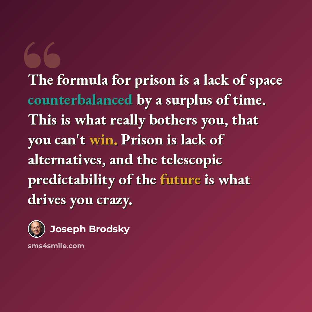 “The formula for prison is a lack of space counterbalanced by a surplus of time. This is what really bothers you, that you can't win. Prison is lack of alternatives, and the telescopic predictability of the future is what drives you crazy.” quote by Joseph Brodsky