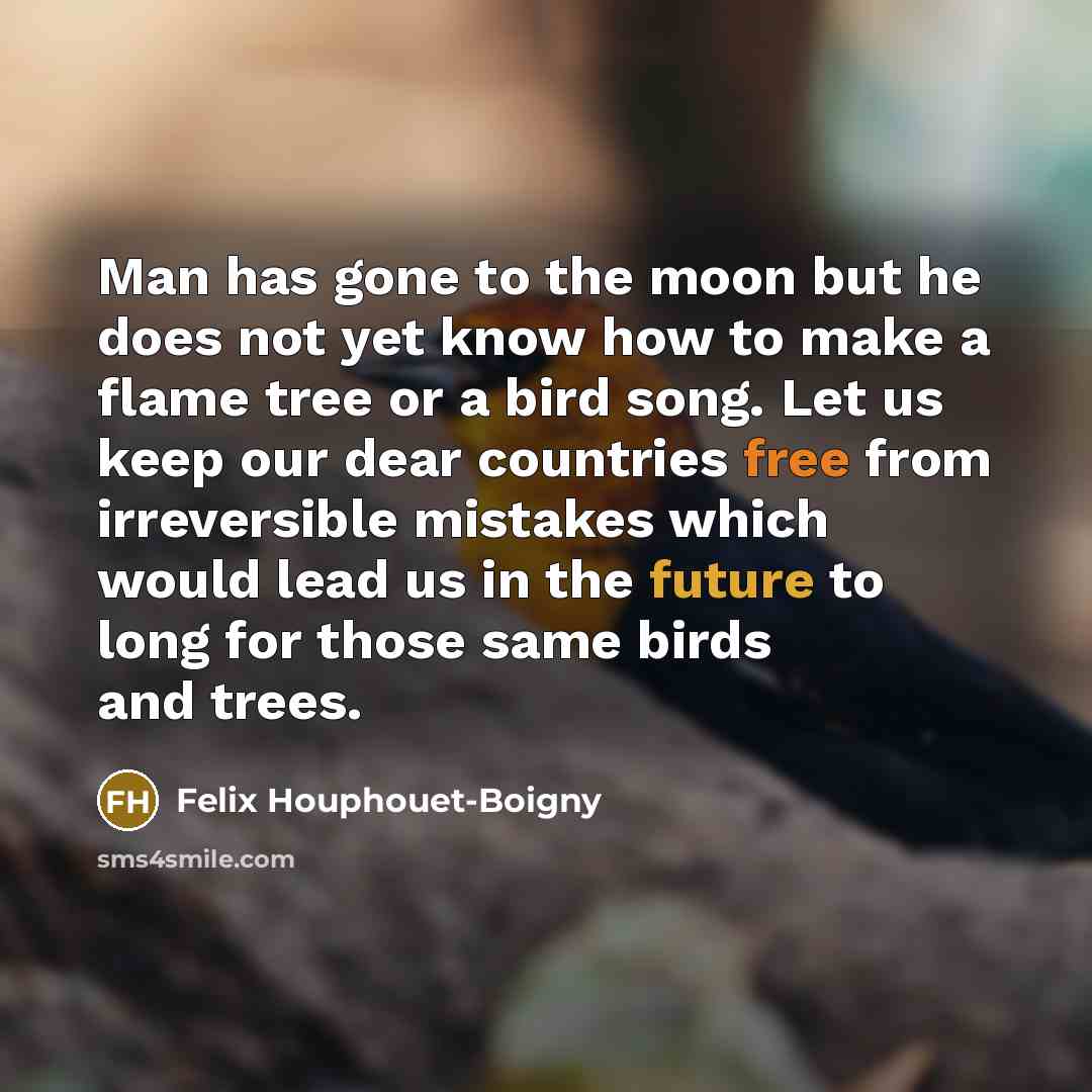 “Man has gone to the moon but he does not yet know how to make a flame tree or a bird song. Let us keep our dear countries free from irreversible mistakes which would lead us in the future to long for those same birds and trees.” quote by Felix Houphouet-Boigny