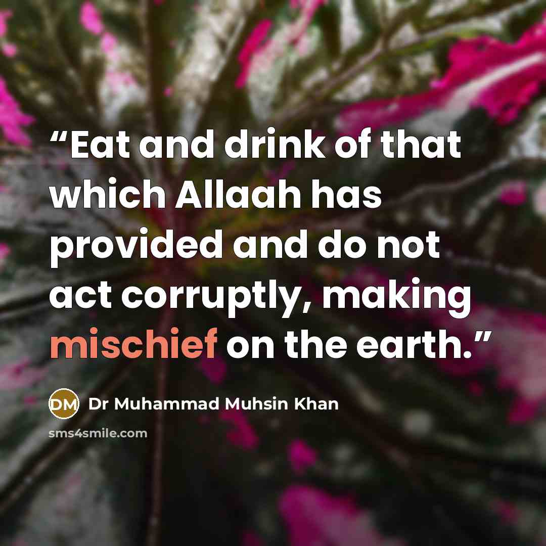 “Eat and drink of that which Allaah has provided and do not act corruptly, making mischief on the earth.” quote by Dr Muhammad Muhsin Khan