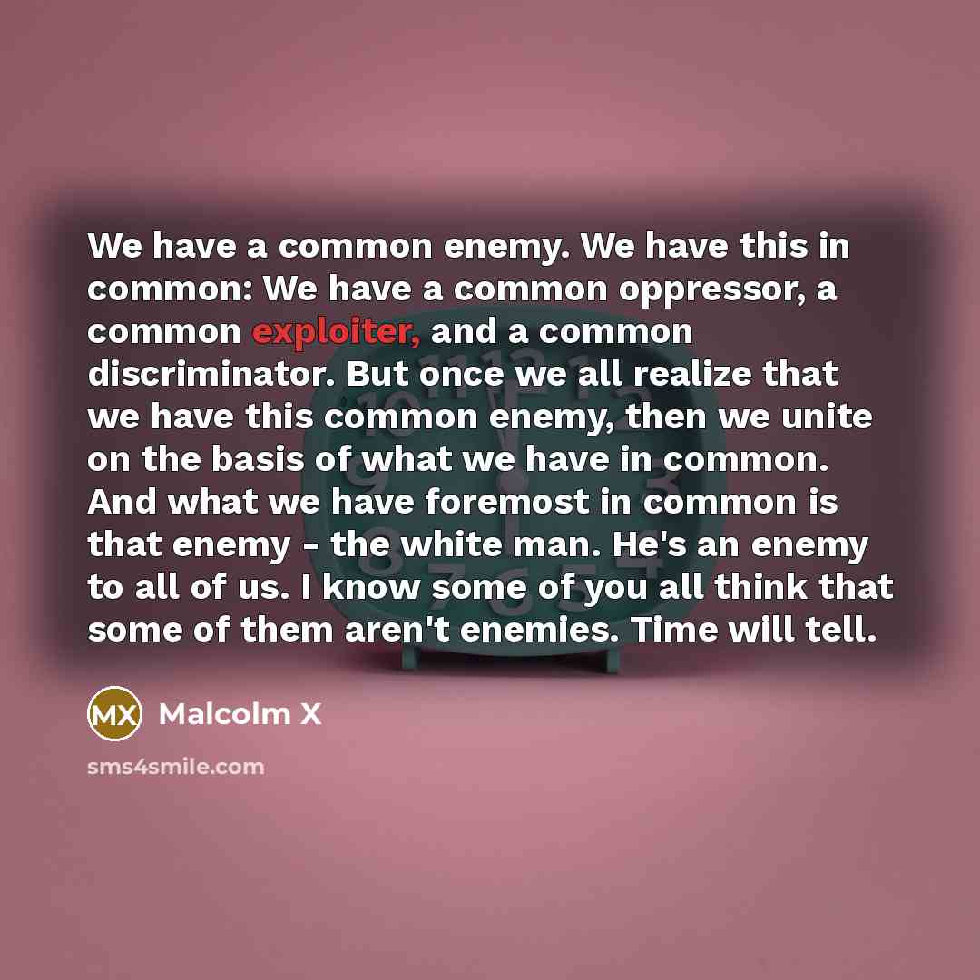 “We have a common enemy. We have this in common: We have a common oppressor, a common exploiter, and a common discriminator. But once we all realize that we have this common enemy, then we unite on the basis of what we have in common. And what we have foremost in common is that enemy - the white…” quote by Malcolm X