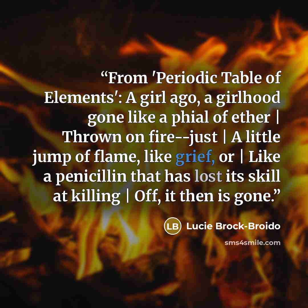 “From 'Periodic Table of Elements': A girl ago, a girlhood gone like a phial of ether | Thrown on fire--just | A little jump of flame, like grief, or | Like a penicillin that has lost its skill at killing | Off, it then is gone.” quote by Lucie Brock-Broido