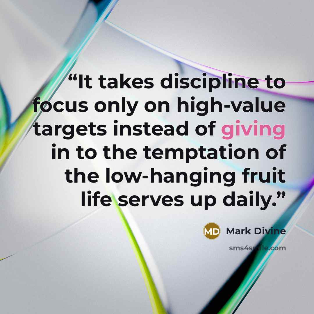 “It takes discipline to focus only on high-value targets instead of giving in to the temptation of the low-hanging fruit life serves up daily.” quote by Mark Divine