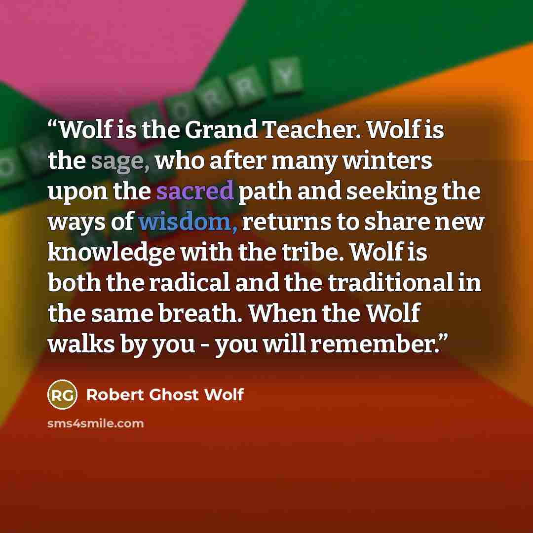 “Wolf is the Grand Teacher. Wolf is the sage, who after many winters upon the sacred path and seeking the ways of wisdom, returns to share new knowledge with the tribe. Wolf is both the radical and the traditional in the same breath. When the Wolf walks by you - you will remember.” quote by Robert Ghost Wolf