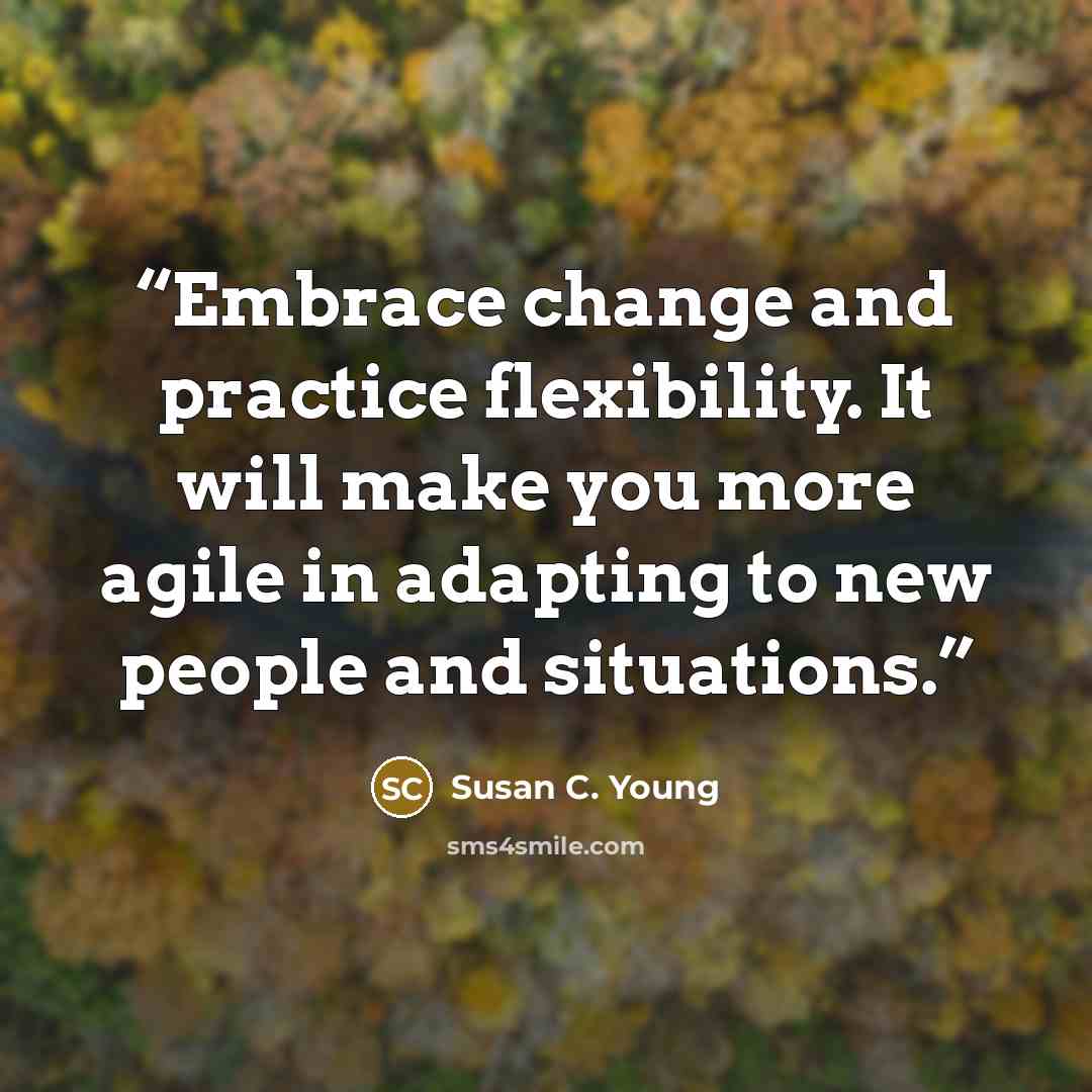 “Embrace change and practice flexibility. It will make you more agile in adapting to new people and situations.” quote by Susan C. Young