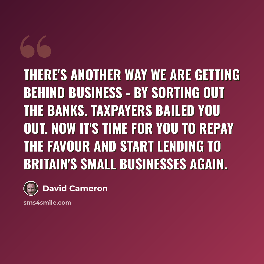 “There's another way we are getting behind business - by sorting out the banks. Taxpayers bailed you out. Now it's time for you to repay the favour and start lending to Britain's small businesses again.” quote by David Cameron