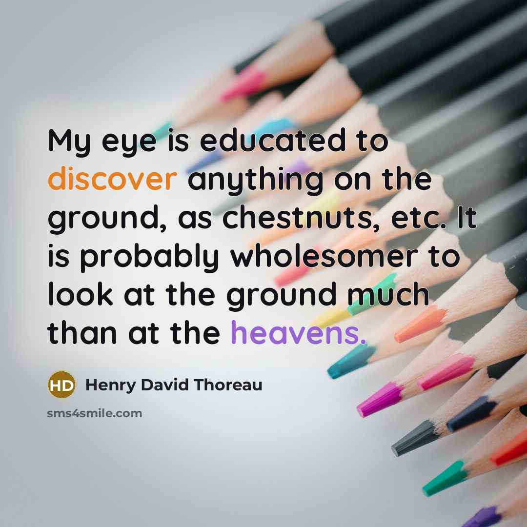 “My eye is educated to discover anything on the ground, as chestnuts, etc. It is probably wholesomer to look at the ground much than at the heavens.” quote by Henry David Thoreau