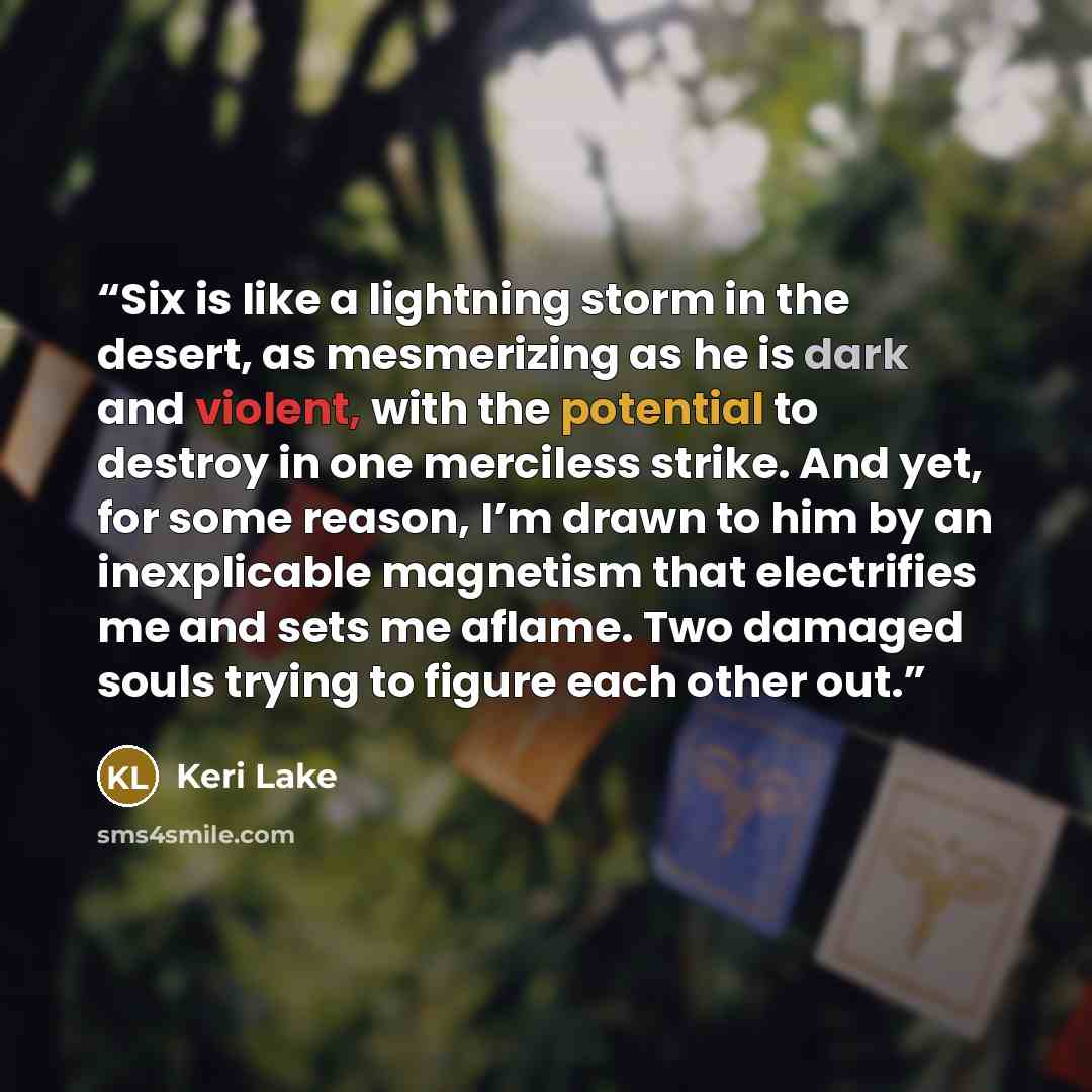“Six is like a lightning storm in the desert, as mesmerizing as he is dark and violent, with the potential to destroy in one merciless strike. And yet, for some reason, I’m drawn to him by an inexplicable magnetism that electrifies me and sets me aflame. Two damaged souls trying to figure each…” quote by Keri Lake