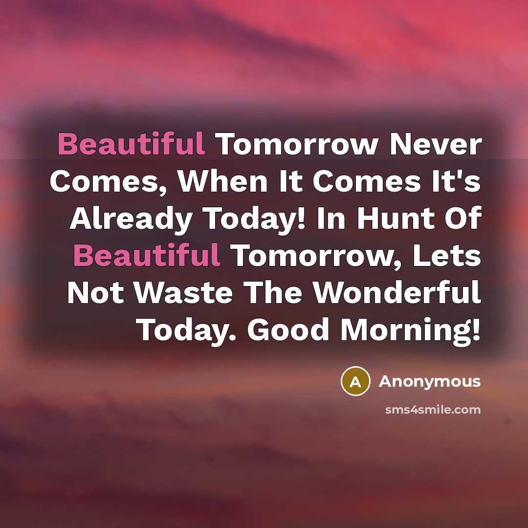“Beautiful Tomorrow Never Comes, When It Comes It's Already Today! In Hunt Of Beautiful Tomorrow, Lets Not Waste The Wonderful Today. Good Morning!” quote by Anonymous