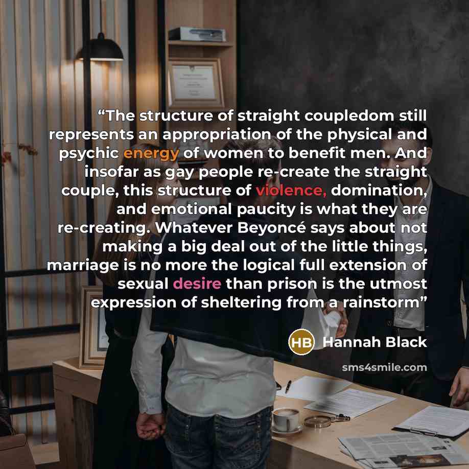 “The structure of straight coupledom still represents an appropriation of the physical and psychic energy of women to benefit men. And insofar as gay people re-create the straight couple, this structure of violence, domination, and emotional paucity is what they are re-creating. Whatever Beyoncé…” quote by Hannah Black
