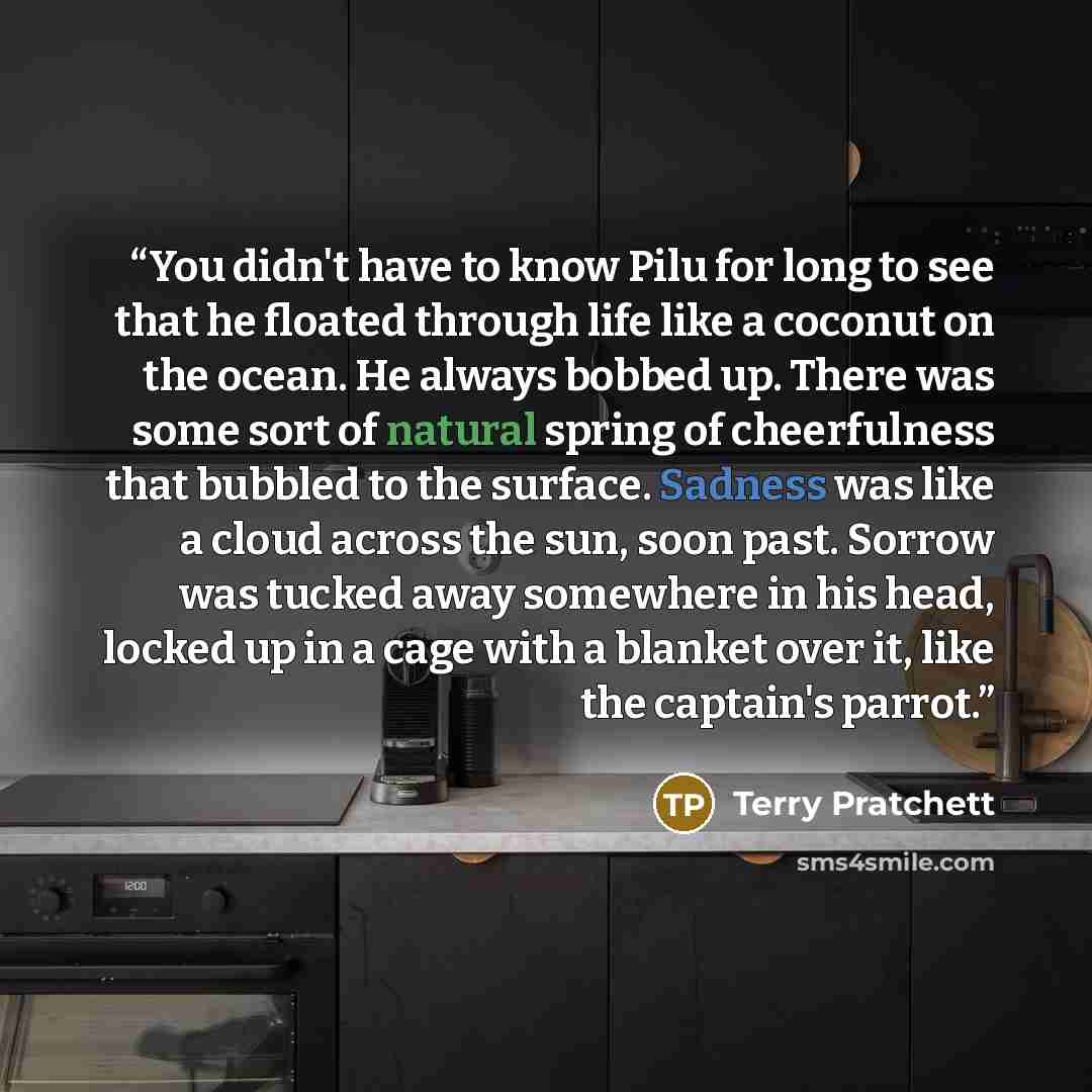 “You didn't have to know Pilu for long to see that he floated through life like a coconut on the ocean. He always bobbed up. There was some sort of natural spring of cheerfulness that bubbled to the surface. Sadness was like a cloud across the sun, soon past. Sorrow was tucked away somewhere in his…” quote by Terry Pratchett