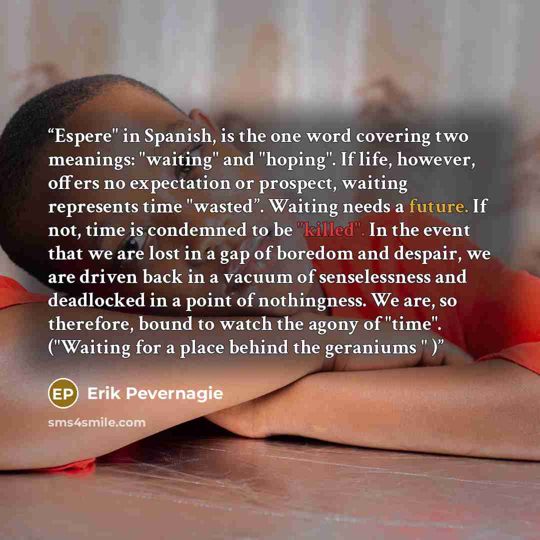 “Espere" in Spanish, is the one word covering two meanings: "waiting" and "hoping". If life, however, offers no expectation or prospect, waiting represents time "wasted”. Waiting needs a future. If not, time is condemned to be "killed". In the event that we are lost in a gap of boredom and despair…” quote by Erik Pevernagie