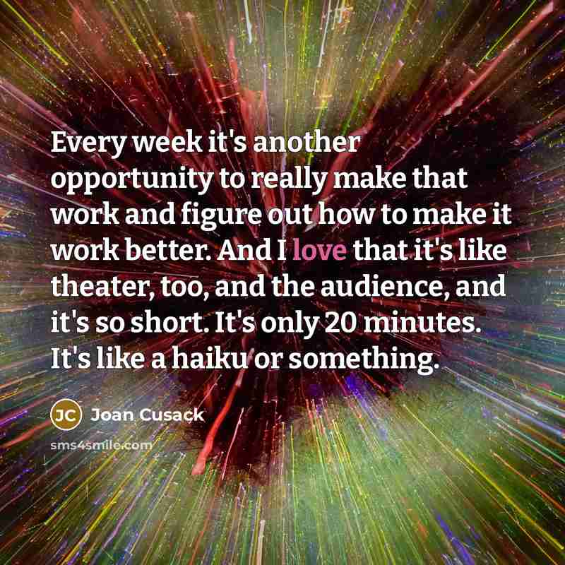 “Every week it's another opportunity to really make that work and figure out how to make it work better. And I love that it's like theater, too, and the audience, and it's so short. It's only 20 minutes. It's like a haiku or something.” quote by Joan Cusack