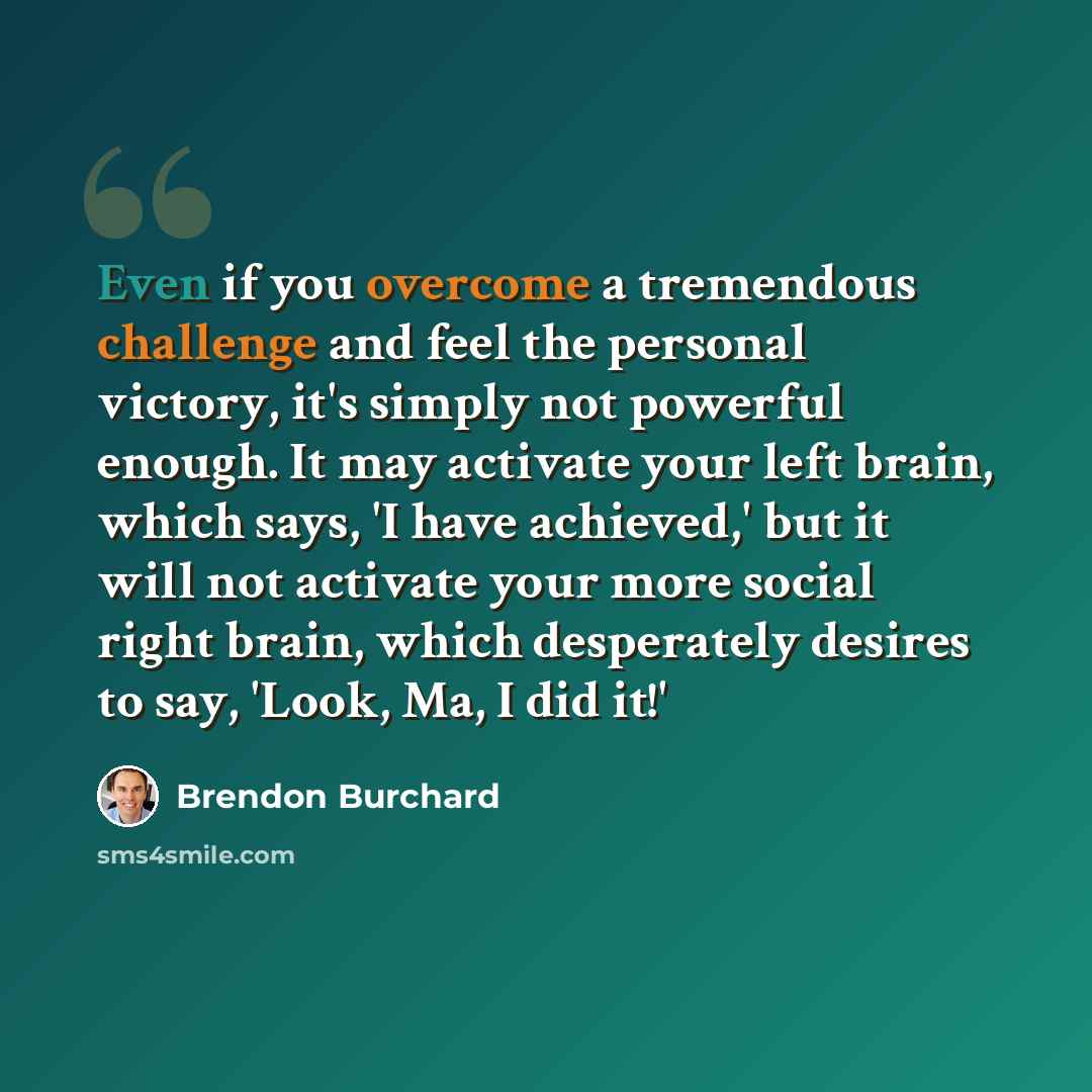 “Even if you overcome a tremendous challenge and feel the personal victory, it's simply not powerful enough. It may activate your left brain, which says, 'I have achieved,' but it will not activate your more social right brain, which desperately desires to say, 'Look, Ma, I did it!'” quote by Brendon Burchard